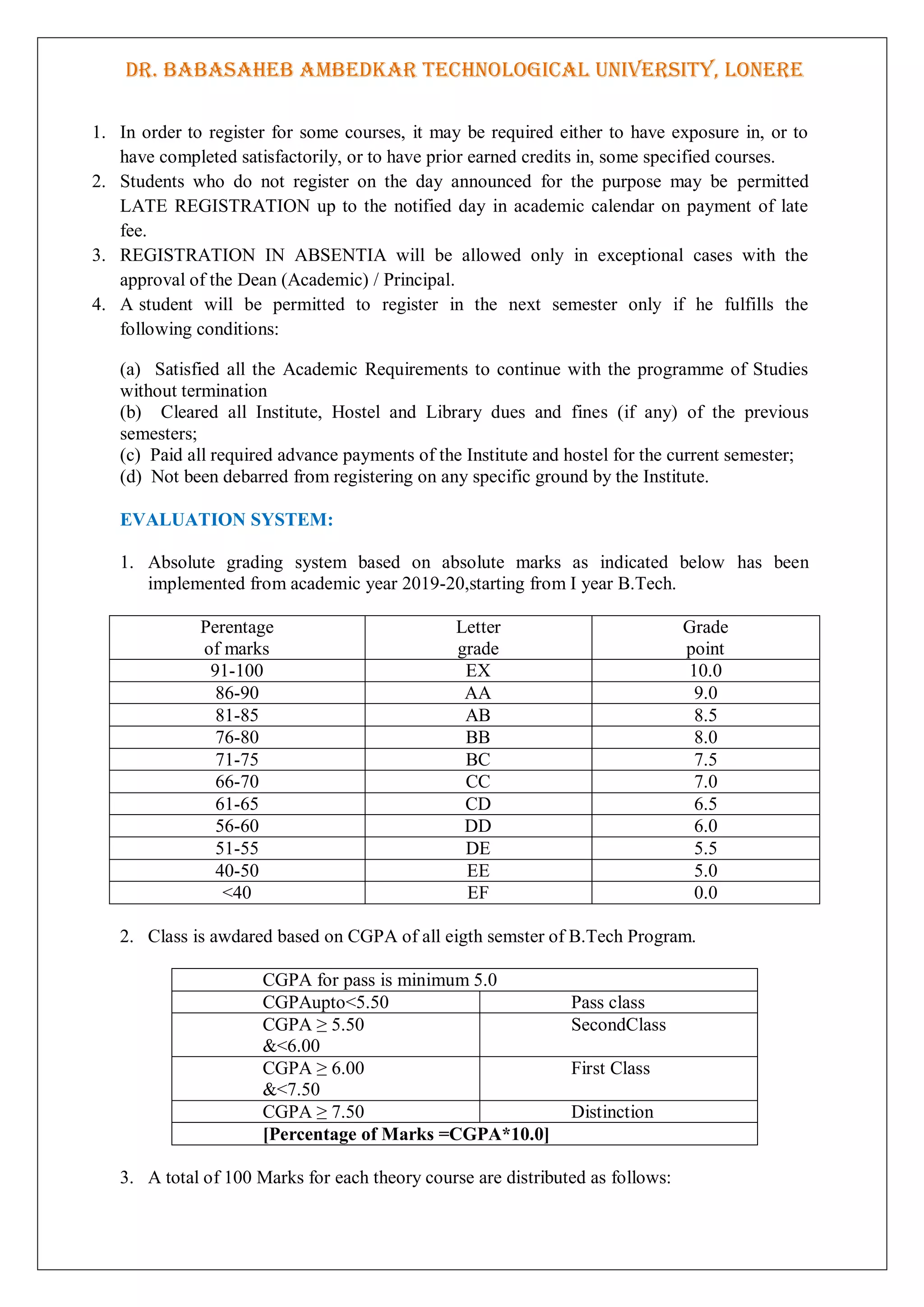 DR. BABASAHEB AMBEDKAR TECHNOLOGICAL UNIVERSITY, LONERE
1. In order to register for some courses, it may be required either to have exposure in, or to
have completed satisfactorily, or to have prior earned credits in, some specified courses.
2. Students who do not register on the day announced for the purpose may be permitted
LATE REGISTRATION up to the notified day in academic calendar on payment of late
fee.
3. REGISTRATION IN ABSENTIA will be allowed only in exceptional cases with the
approval of the Dean (Academic) / Principal.
4. A student will be permitted to register in the next semester only if he fulfills the
following conditions:
(a) Satisfied all the Academic Requirements to continue with the programme of Studies
without termination
(b) Cleared all Institute, Hostel and Library dues and fines (if any) of the previous
semesters;
(c) Paid all required advance payments of the Institute and hostel for the current semester;
(d) Not been debarred from registering on any specific ground by the Institute.
EVALUATION SYSTEM:
1. Absolute grading system based on absolute marks as indicated below has been
implemented from academic year 2019-20,starting from I year B.Tech.
Perentage
of marks
Letter
grade
Grade
point
91-100 EX 10.0
86-90 AA 9.0
81-85 AB 8.5
76-80 BB 8.0
71-75 BC 7.5
66-70 CC 7.0
61-65 CD 6.5
56-60 DD 6.0
51-55 DE 5.5
40-50 EE 5.0
<40 EF 0.0
2. Class is awdared based on CGPA of all eigth semster of B.Tech Program.
CGPA for pass is minimum 5.0
CGPAupto<5.50 Pass class
CGPA ≥ 5.50
&<6.00
SecondClass
CGPA ≥ 6.00
&<7.50
First Class
CGPA ≥ 7.50 Distinction
[Percentage of Marks =CGPA*10.0]
3. A total of 100 Marks for each theory course are distributed as follows:
 