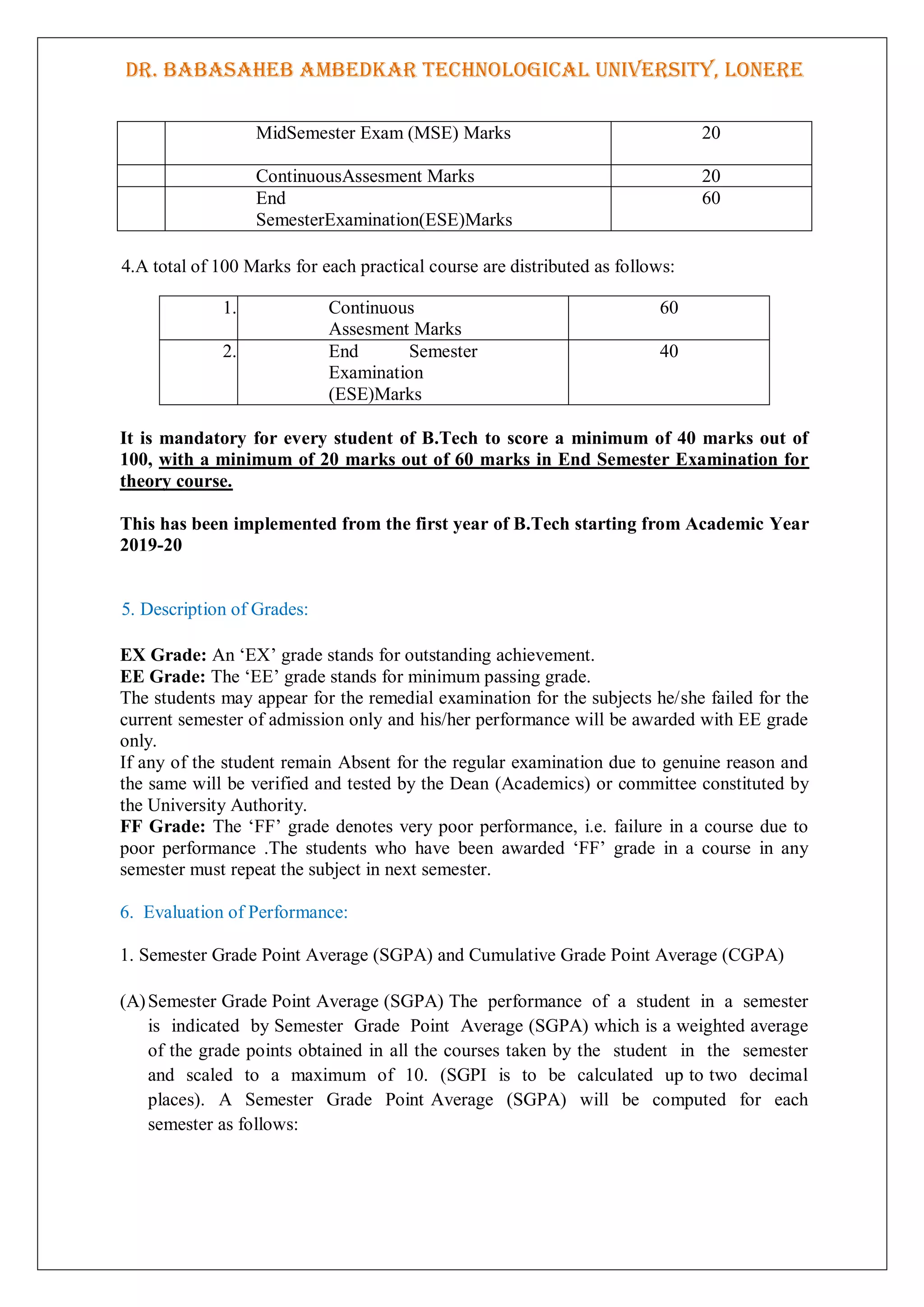 DR. BABASAHEB AMBEDKAR TECHNOLOGICAL UNIVERSITY, LONERE
1. MidSemester Exam (MSE) Marks 20
2. ContinuousAssesment Marks 20
3. End
SemesterExamination(ESE)Marks
60
4.A total of 100 Marks for each practical course are distributed as follows:
1. Continuous
Assesment Marks
60
2. End Semester
Examination
(ESE)Marks
40
It is mandatory for every student of B.Tech to score a minimum of 40 marks out of
100, with a minimum of 20 marks out of 60 marks in End Semester Examination for
theory course.
This has been implemented from the first year of B.Tech starting from Academic Year
2019-20
5. Description of Grades:
EX Grade: An „EX‟ grade stands for outstanding achievement.
EE Grade: The „EE‟ grade stands for minimum passing grade.
The students may appear for the remedial examination for the subjects he/she failed for the
current semester of admission only and his/her performance will be awarded with EE grade
only.
If any of the student remain Absent for the regular examination due to genuine reason and
the same will be verified and tested by the Dean (Academics) or committee constituted by
the University Authority.
FF Grade: The „FF‟ grade denotes very poor performance, i.e. failure in a course due to
poor performance .The students who have been awarded „FF‟ grade in a course in any
semester must repeat the subject in next semester.
6. Evaluation of Performance:
1. Semester Grade Point Average (SGPA) and Cumulative Grade Point Average (CGPA)
(A)Semester Grade Point Average (SGPA) The performance of a student in a semester
is indicated by Semester Grade Point Average (SGPA) which is a weighted average
of the grade points obtained in all the courses taken by the student in the semester
and scaled to a maximum of 10. (SGPI is to be calculated up to two decimal
places). A Semester Grade Point Average (SGPA) will be computed for each
semester as follows:
 