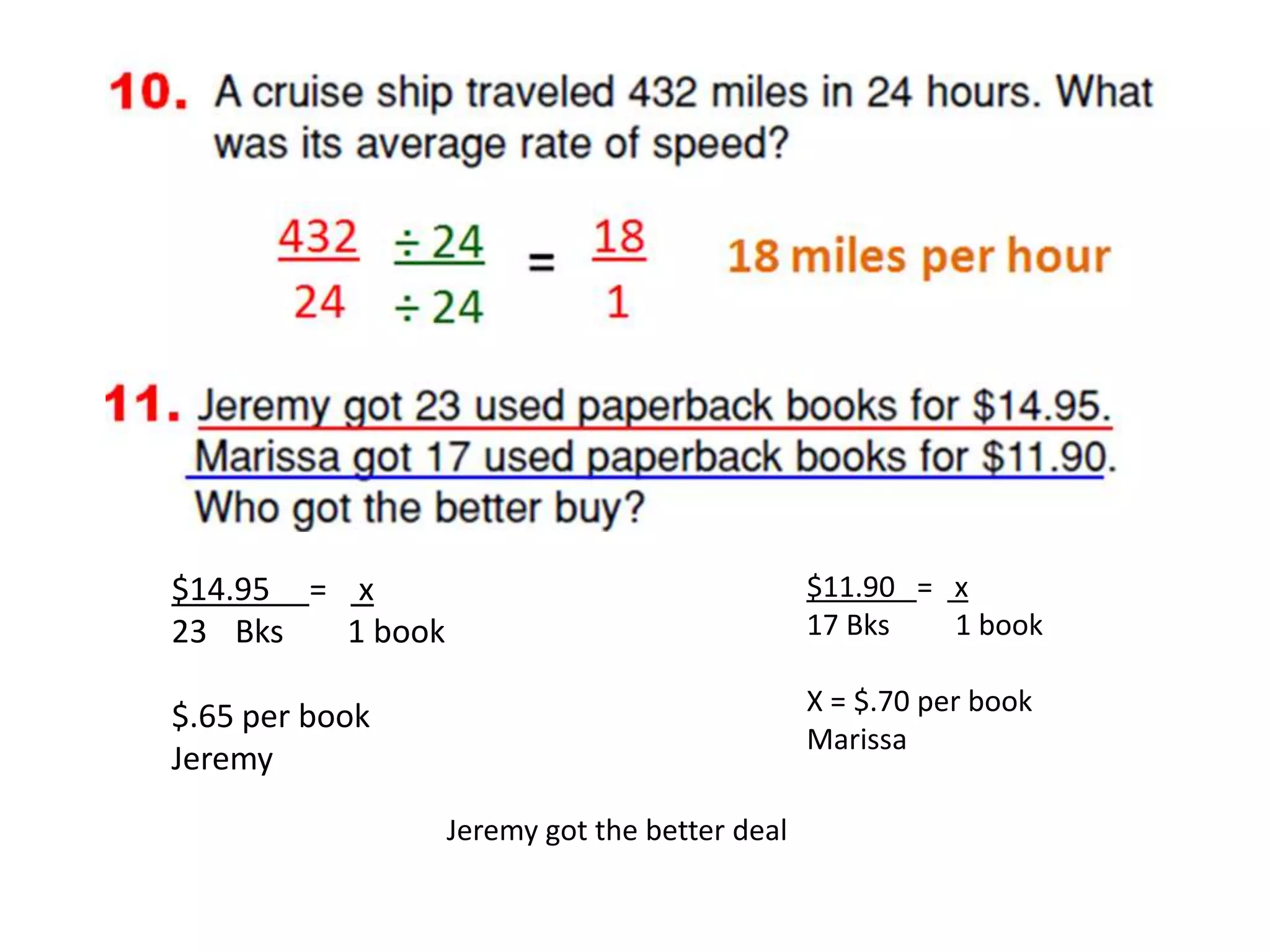 $14.95 = x 
23 Bks 1 book 
$.65 per book 
Jeremy 
$11.90 = x 
17 Bks 1 book 
X = $.70 per book 
Marissa 
Jeremy got the better deal 
 