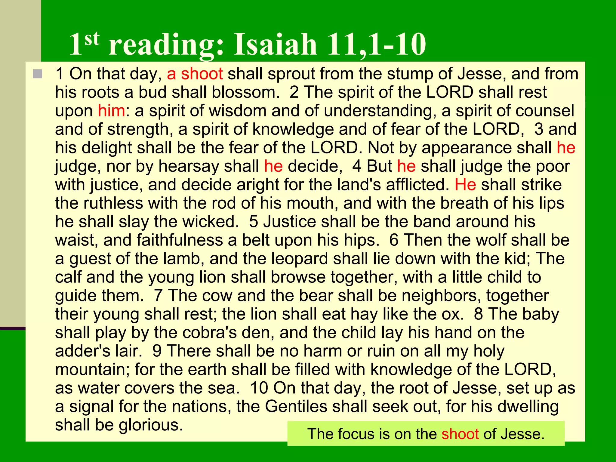 1st reading: Isaiah 11,1-10
 1 On that day, a shoot shall sprout from the stump of Jesse, and from
his roots a bud shall blossom. 2 The spirit of the LORD shall rest
upon him: a spirit of wisdom and of understanding, a spirit of counsel
and of strength, a spirit of knowledge and of fear of the LORD, 3 and
his delight shall be the fear of the LORD. Not by appearance shall he
judge, nor by hearsay shall he decide, 4 But he shall judge the poor
with justice, and decide aright for the land's afflicted. He shall strike
the ruthless with the rod of his mouth, and with the breath of his lips
he shall slay the wicked. 5 Justice shall be the band around his
waist, and faithfulness a belt upon his hips. 6 Then the wolf shall be
a guest of the lamb, and the leopard shall lie down with the kid; The
calf and the young lion shall browse together, with a little child to
guide them. 7 The cow and the bear shall be neighbors, together
their young shall rest; the lion shall eat hay like the ox. 8 The baby
shall play by the cobra's den, and the child lay his hand on the
adder's lair. 9 There shall be no harm or ruin on all my holy
mountain; for the earth shall be filled with knowledge of the LORD,
as water covers the sea. 10 On that day, the root of Jesse, set up as
a signal for the nations, the Gentiles shall seek out, for his dwelling
shall be glorious.
The focus is on the shoot of Jesse.
 