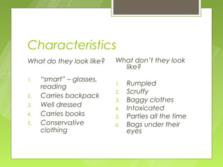 Characteristics
What do they look like?   What don’t they look
                            like?
1.   “smart” – glasses,
     reading              1.   Rumpled
                          2.   Scruffy
2.   Carries backpack
                          3.   Baggy clothes
3.   Well dressed         4.   Intoxicated
4.   Carries books        5.   Parties all the time
5.   Conservative         6.   Bags under their
     clothing                  eyes
 