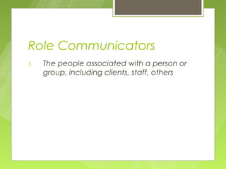 Role Communicators
1.   The people associated with a person or
     group, including clients, staff, others
 