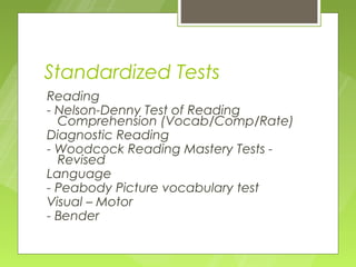 Standardized Tests
Reading
- Nelson-Denny Test of Reading
  Comprehension (Vocab/Comp/Rate)
Diagnostic Reading
- Woodcock Reading Mastery Tests -
  Revised
Language
- Peabody Picture vocabulary test
Visual – Motor
- Bender
 