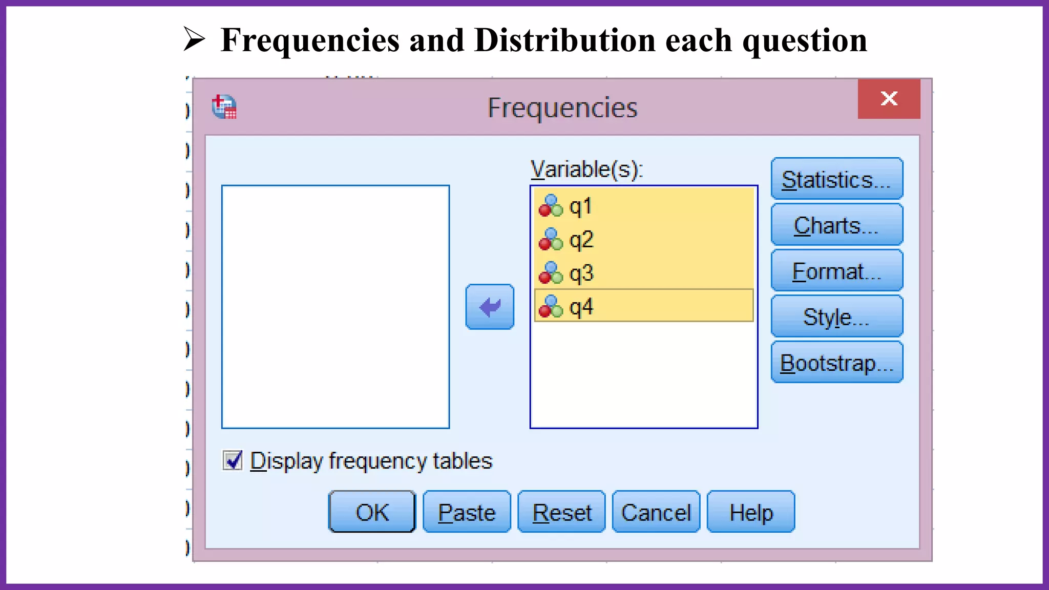  Frequencies and Distribution each question
 