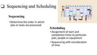 ❑ Sequencing and Scheduling
Sequencing
•Determine the order in which
jobs or tasks are processed
Scheduling
•Assignment of start and
completion times to particular
jobs, people or equipment
•Sequencing with consideration
of time
 