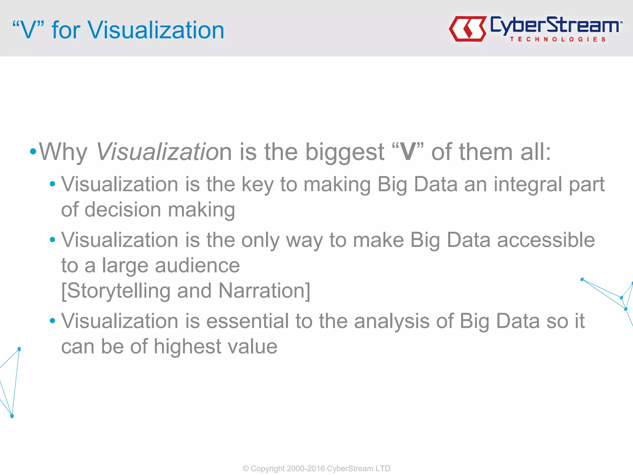 © Copyright 2000-2016 CyberStream LTD
“V” for Visualization
•Why Visualization is the biggest “V” of them all:
• Visualization is the key to making Big Data an integral part
of decision making
• Visualization is the only way to make Big Data accessible
to a large audience
[Storytelling and Narration]
• Visualization is essential to the analysis of Big Data so it
can be of highest value
 