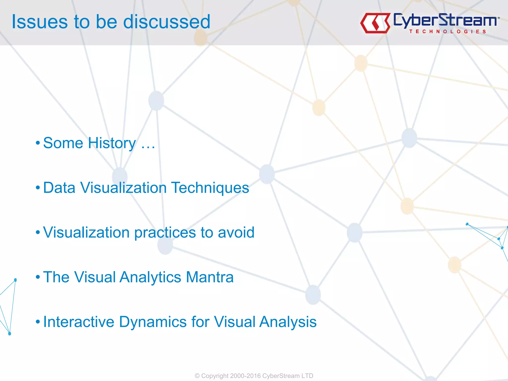 © Copyright 2000-2016 CyberStream LTD
Issues to be discussed
• Some History …
• Data Visualization Techniques
• Visualization practices to avoid
• The Visual Analytics Mantra
• Interactive Dynamics for Visual Analysis
 