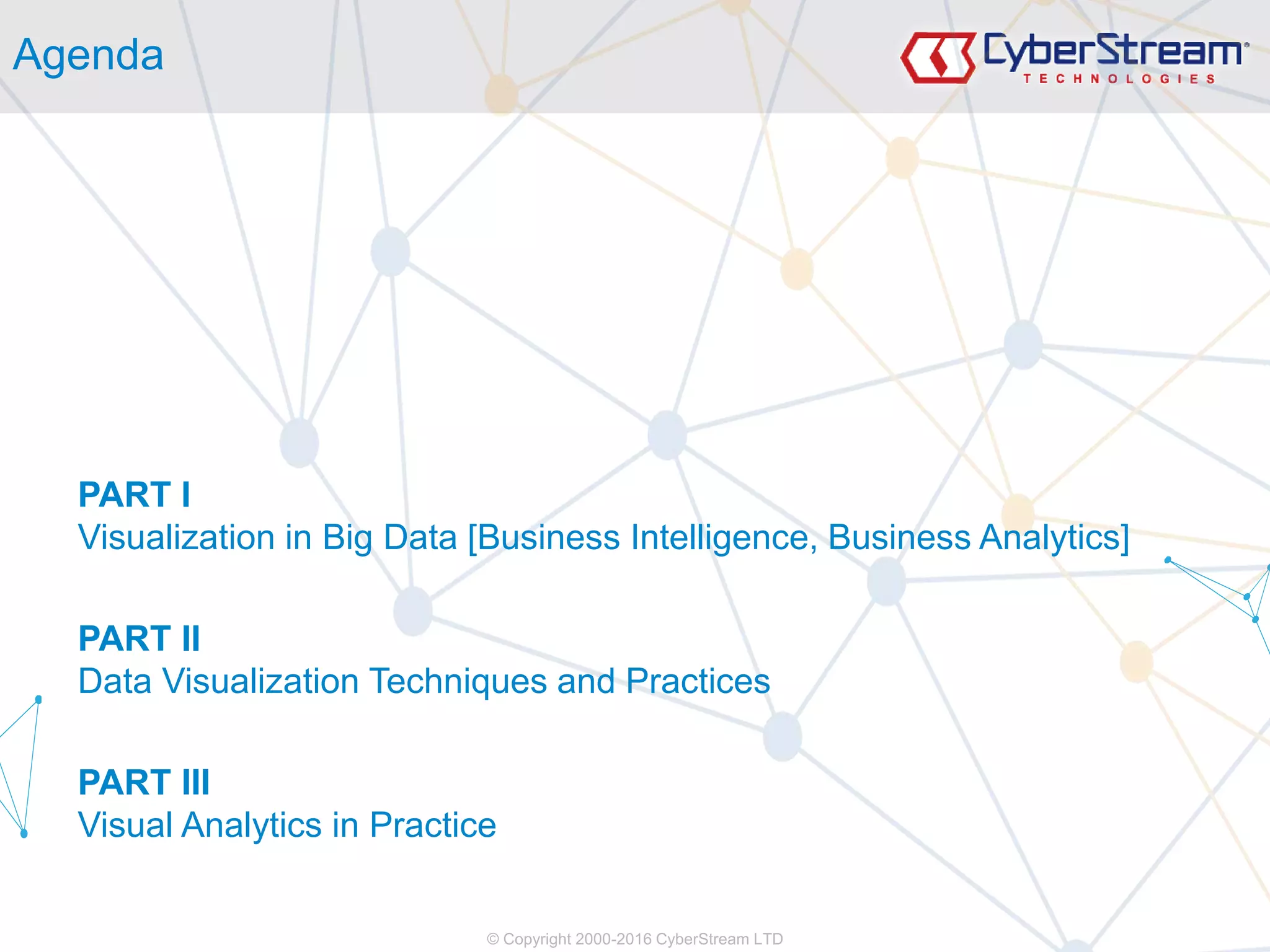 © Copyright 2000-2016 CyberStream LTD
Agenda
PART I
Visualization in Big Data [Business Intelligence, Business Analytics]
PART II
Data Visualization Techniques and Practices
PART III
Visual Analytics in Practice
 