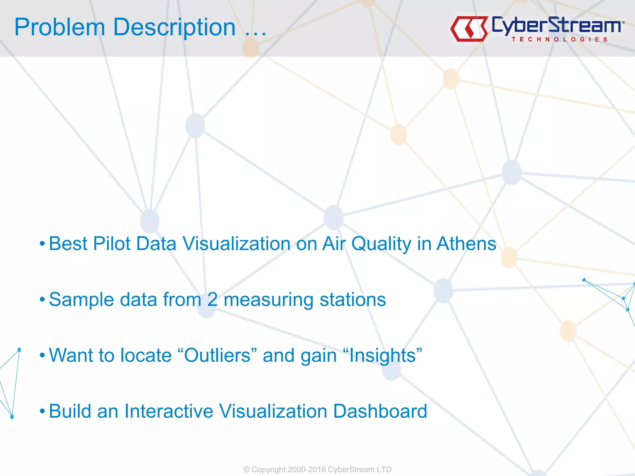 © Copyright 2000-2016 CyberStream LTD
Problem Description …
• Best Pilot Data Visualization on Air Quality in Athens
• Sample data from 2 measuring stations
• Want to locate “Outliers” and gain “Insights”
• Build an Interactive Visualization Dashboard
 