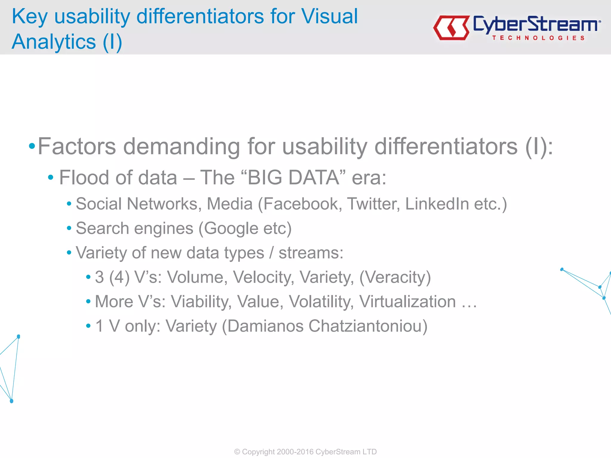 © Copyright 2000-2016 CyberStream LTD
•Factors demanding for usability differentiators (I):
• Flood of data – The “BIG DATA” era:
• Social Networks, Media (Facebook, Twitter, LinkedIn etc.)
• Search engines (Google etc)
• Variety of new data types / streams:
• 3 (4) V’s: Volume, Velocity, Variety, (Veracity)
• More V’s: Viability, Value, Volatility, Virtualization …
• 1 V only: Variety (Damianos Chatziantoniou)
Key usability differentiators for Visual
Analytics (I)
 