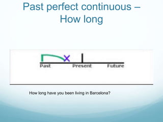 Past perfect continuous – 
How long 
How long had you been living in Barcelona before you 
moved to Madrid? 
 