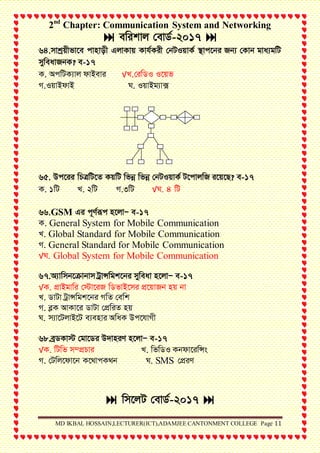 2nd
Chapter: Communication System and Networking
MD IKBAL HOSSAIN,LECTURER(ICT),ADAMJEE CANTONMENT COLLEGE Page 11
 ewikvj †evW©-2017 
64.mvkªqxfv‡e cvnvox GjvKvq Kvh©Kix †bUIqvK© ¯’vc‡bi Rb¨ †Kvb gva¨gwU
myweavRbK? e-17
K. AcwUK¨vj dvBevi √L.†iwWI I‡qf
M.IqvBdvB N. IqvBg¨v·
65. Dc‡ii wPÎwU‡Z KqwU wfbœ wfbœ †bUIqvK© U‡cvjwR i‡q‡Q? e-17
K. 1wU L. 2wU M.3wU √N. 4 wU
66.GSM Gi c~Y©iƒc n‡jvÑ e-17
K. General System for Mobile Communication
L. Global Standard for Mobile Communication
M. General Standard for Mobile Communication
√N. Global System for Mobile Communication
67.A¨vwmb‡µvbvm UªvÝwgk‡bi myweav n‡jvÑ e-17
√K. cÖvBgvwi †÷v‡iR wWfvB‡mi cÖ‡qvRb nq bv
L. WvUv UªvÝwgk‡bi MwZ †ewk
M. eøK AvKv‡i WvUv †cÖwiZ nq
N. m¨v‡UjvB‡U e¨envi AwaK Dc‡hvMx
68.eªWKv÷ †gv‡Wi D`vniY n‡jvÑ e-17
√K. wUwf m¤cÖPvi L. wfwWI Kbdv‡iwÝs
M. †Uwj‡dv‡b K‡_vcK_b N. SMS †cÖiY
 wm‡jU †evW©-2017 
 