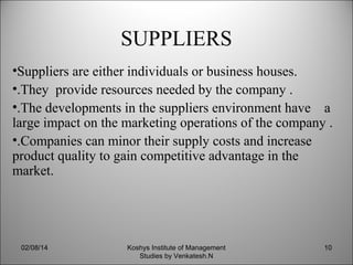 SUPPLIERS
•Suppliers are either individuals or business houses.
•.They provide resources needed by the company .
•.The developments in the suppliers environment have a
large impact on the marketing operations of the company .
•.Companies can minor their supply costs and increase
product quality to gain competitive advantage in the
market.

02/08/14

Koshys Institute of Management
Studies by Venkatesh.N

10

 
