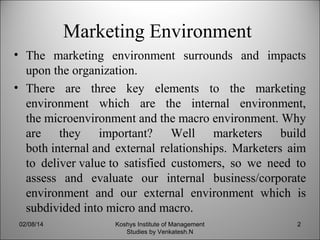 Marketing Environment
• The marketing environment surrounds and impacts
upon the organization.
• There are three key elements to the marketing
environment which are the internal environment,
the microenvironment and the macro environment. Why
are they important? Well marketers build
both internal and external relationships. Marketers aim
to deliver value to satisfied customers, so we need to
assess and evaluate our internal business/corporate
environment and our external environment which is
subdivided into micro and macro.
02/08/14

Koshys Institute of Management
Studies by Venkatesh.N

2

 
