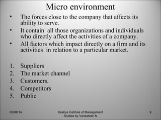 Micro environment
•
•
•
1.
2.
3.
4.
5.

The forces close to the company that affects its
ability to serve.
It contain all those organizations and individuals
who directly affect the activities of a company.
All factors which impact directly on a firm and its
activities in relation to a particular market.
Suppliers
The market channel
Customers.
Competitors
Public

02/08/14

Koshys Institute of Management
Studies by Venkatesh.N

9

 