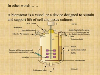 In other words……
A bioreactor is a vessel or a device designed to sustain
and support life of cell and tissue cultures.
 