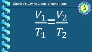 Charles’s Law in 2 sets of conditions
𝑉1
𝑇1
=
𝑉2
𝑇2
 