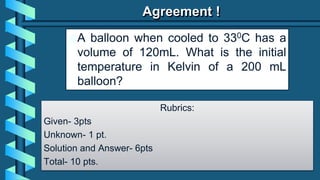Agreement !
Rubrics:
Given- 3pts
Unknown- 1 pt.
Solution and Answer- 6pts
Total- 10 pts.
A balloon when cooled to 330C has a
volume of 120mL. What is the initial
temperature in Kelvin of a 200 mL
balloon?
 