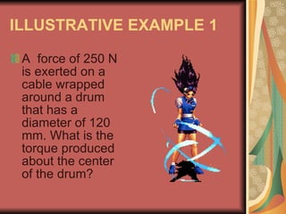 ILLUSTRATIVE EXAMPLE 1 A  force of 250 N is exerted on a cable wrapped around a drum that has a diameter of 120 mm. What is the torque produced about the center of the drum? 