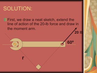 SOLUTION: First, we draw a neat sketch, extend the line of action of the 20-lb force and draw in the moment arm.   60 º 20 lb r 