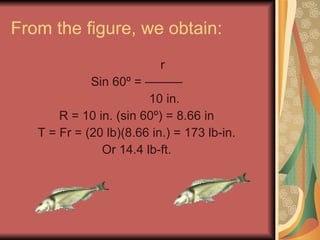 From the figure, we obtain: r Sin 60 º = ——— 10 in. R = 10 in. (sin  60 º) = 8.66 in T = Fr = (20 lb)(8.66 in.) = 173 lb-in. Or 14.4 lb-ft. 