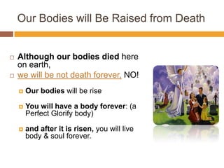 Our Bodies will Be Raised from Death
 Although our bodies died here
on earth,
 we will be not death forever, NO!
 Our bodies will be rise
 You will have a body forever: (a
Perfect Glorify body)
 and after it is risen, you will live
body & soul forever.
 