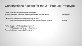 Constructions Factors for the 2nd Product Prototype.
·What tools and equipment would be needed?
ーーー＞personal computer, welding machines, forklifts, many employees
·Would the construction require any special skill?
ーーー＞the construction and design of the license, license of large special
·What shape would these attachment be?
ーーー＞These accessories are safe shapes.
A smooth thing, a square-built thing vary.
 