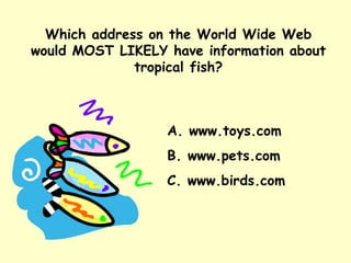 Which address on the World Wide Web would MOST LIKELY have information about tropical fish? A. www.toys.com B. www.pets.com C. www.birds.com 