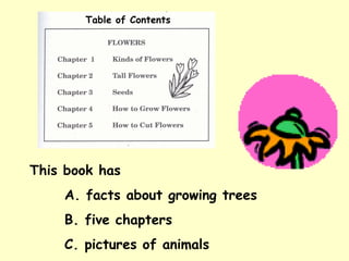 Table of Contents This book has A. facts about growing trees B. five chapters C. pictures of animals 