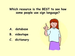 Which resource is the BEST to see how some people use sign language? A.  database B.  videotape C.  dictionary 