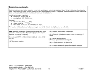 Explanations and Examples

Students need many opportunities to practice mental math by adding and subtracting multiples of 10 and 100 up to 900 using different starting
points. They can practice this by counting and thinking aloud, finding missing numbers in a sequence, and finding missing numbers on a number
line or hundreds chart. Explorations should include looking for relevant patterns.
Mental math strategies may include:
   • counting on; 300, 400, 500, etc.
   • counting back; 550, 450, 350, etc.
Examples:
   • 100 more than 653 is _____ (753)
   • 10 less than 87 is ______ (77)
   • “Start at 248. Count up by 10s until I tell you to stop.”
An interactive whiteboard or document camera may be used to help students develop these mental math skills.


2.NBT.9. Explain why addition and subtraction strategies work, using    2.MP.2. Reason abstractly and quantitatively.
place value and the properties of operations. (Explanations may be
supported by drawings or objects.)                                      2.MP.3. Construct viable arguments and critique the reasoning of
                                                                          others.
Connections: 2.NBT.1; 2.RI.3; 2.RI.4; 2.W.2; 2.SL.2; 2.SL.3; ET02-
S2C1-01                                                                 2.MP.4. Model with mathematics.
                                                                        2.MP.5. Use appropriate tools strategically.
*ELP Connection Available
                                                                        2.MP.7. Look for and make use of structure.

                                                                        2.MP.8. Look for and express regularity in repeated reasoning.




Italics: ELP Standards Connections
Underlined Vocabulary = Tier 2 Words
Adapted from Arizona 2010 Mathematic Standards                         103                                                     8/4/2011
 