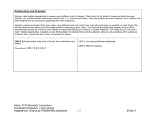 Explanations and Examples

Students need multiple opportunities to measure using different units of measure. They should not be limited to measuring within the same
standard unit. Students should have access to tools, both U.S.Customary and metric. The more students work with a specific unit of measure, the
better they become at choosing the appropriate tool when measuring.

Students measure the length of the same object using different tools (ruler with inches, ruler with centimeters, a yardstick, or meter stick). This
will help students learn which tool is more appropriate for measuring a given object. They describe the relationship between the size of the
measurement unit and the number of units needed to measure something. For instance, a student might say, “The longer the unit, the fewer I
need.” Multiple opportunities to explore provide the foundation for relating metric units to customary units, as well as relating within customary
(inches to feet to yards) and within metric (centimeters to meters).


2.MD.3. Estimate lengths using units of inches, feet, centimeters, and      2.MP.5. Use appropriate tools strategically.
meters.
                                                                            2.MP.6. Attend to precision.
Connections: 2.MD.1; 2.W.2; 2.SL.3




Italics: ELP Standards Connections
Underlined Vocabulary = Tier 2 Words
Adapted from Arizona 2010 Mathematic Standards                             117                                                        8/4/2011
 