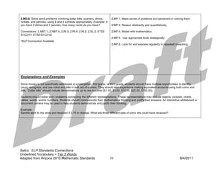 2.MD.8. Solve word problems involving dollar bills, quarters, dimes,       2.MP.1. Make sense of problems and persevere in solving them.
nickels, and pennies, using $ and ¢ symbols appropriately. Example: If
you have 2 dimes and 3 pennies, how many cents do you have?                2.MP.2. Reason abstractly and quantitatively.

Connections: 2.NBT.1; 2.NBT.5; 2.RI.3; 2.RI.4; 2.W.2; 2.SL.2; ET02-        2.MP.4. Model with mathematics.
S1C2-01; ET02-S1C2-02
                                                                           2.MP.5. Use appropriate tools strategically.
*ELP Connection Available
                                                                           2.MP.8. Look for and express regularity in repeated reasoning.




Explanations and Examples

Since money is not specifically addressed in kindergarten, first grade, or third grade, students should have multiple opportunities to identify,
count, recognize, and use coins and bills in and out of context. They should also experience making equivalent amounts using both coins and
bills. “Dollar bills” should include denominations up to one hundred ($1.00, $5.00, $10.00, $20.00, $100.00).

Students should solve story problems connecting the different representations. These representations may include objects, pictures, charts,
tables, words, and/or numbers. Students should communicate their mathematical thinking and justify their answers. An interactive whiteboard or
document camera may be used to help students demonstrate and justify their thinking.

Example:
Sandra went to the store and received $ 0.76 in change. What are three different sets of coins she could have received?




Italics: ELP Standards Connections
Underlined Vocabulary = Tier 2 Words
Adapted from Arizona 2010 Mathematic Standards                           39                                                         8/4/2011
 