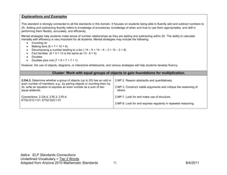 Explanations and Examples

This standard is strongly connected to all the standards in this domain. It focuses on students being able to fluently add and subtract numbers to
20. Adding and subtracting fluently refers to knowledge of procedures, knowledge of when and how to use them appropriately, and skill in
performing them flexibly, accurately, and efficiently.
Mental strategies help students make sense of number relationships as they are adding and subtracting within 20. The ability to calculate
mentally with efficiency is very important for all students. Mental strategies may include the following:
   • Counting on
   • Making tens (9 + 7 = 10 + 6)
   • Decomposing a number leading to a ten ( 14 – 6 = 14 – 4 – 2 = 10 – 2 = 8)
   • Fact families (8 + 5 = 13 is the same as 13 - 8 = 5)
   • Doubles
   • Doubles plus one (7 + 8 = 7 + 7 + 1)
However, the use of objects, diagrams, or interactive whiteboards, and various strategies will help students develop fluency.

                        Cluster: Work with equal groups of objects to gain foundations for multiplication.

2.OA.3. Determine whether a group of objects (up to 20) has an odd or     2.MP.2. Reason abstractly and quantitatively.
even number of members, e.g., by pairing objects or counting them by
2s; write an equation to express an even number as a sum of two           2.MP.3, Construct viable arguments and critique the reasoning of
equal addends.                                                              others.

Connections: 2.OA.4; 2.RI.3; 2.RI.4;                                      2.MP.7. Look for and make use of structure.
ET02-S1C1-01; ET02-S2C1-01
                                                                          2.MP.8. Look for and express regularity in repeated reasoning.




Italics: ELP Standards Connections
Underlined Vocabulary = Tier 2 Words
Adapted from Arizona 2010 Mathematic Standards                           71                                                        8/4/2011
 