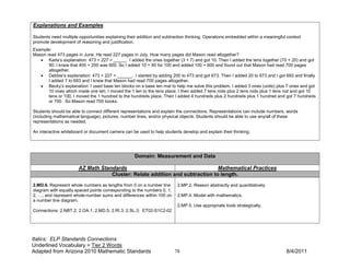 Explanations and Examples

Students need multiple opportunities explaining their addition and subtraction thinking. Operations embedded within a meaningful context
promote development of reasoning and justification.
Example:
Mason read 473 pages in June. He read 227 pages in July. How many pages did Mason read altogether?
   • Karla’s explanation: 473 + 227 = _____. I added the ones together (3 + 7) and got 10. Then I added the tens together (70 + 20) and got
       90. I knew that 400 + 200 was 600. So I added 10 + 90 for 100 and added 100 + 600 and found out that Mason had read 700 pages
       altogether.
   • Debbie’s explanation: 473 + 227 = ______. I started by adding 200 to 473 and got 673. Then I added 20 to 673 and I got 693 and finally
       I added 7 to 693 and I knew that Mason had read 700 pages altogether.
   • Becky’s explanation: I used base ten blocks on a base ten mat to help me solve this problem. I added 3 ones (units) plus 7 ones and got
       10 ones which made one ten. I moved the 1 ten to the tens place. I then added 7 tens rods plus 2 tens rods plus 1 tens rod and got 10
       tens or 100. I moved the 1 hundred to the hundreds place. Then I added 4 hundreds plus 2 hundreds plus 1 hundred and got 7 hundreds
       or 700. So Mason read 700 books.

Students should be able to connect different representations and explain the connections. Representations can include numbers, words
(including mathematical language), pictures, number lines, and/or physical objects. Students should be able to use any/all of these
representations as needed.

An interactive whiteboard or document camera can be used to help students develop and explain their thinking.




                                                   Domain: Measurement and Data

                       AZ Math Standards                                      Mathematical Practices
                                   Cluster: Relate addition and subtraction to length.
2.MD.6. Represent whole numbers as lengths from 0 on a number line       2.MP.2. Reason abstractly and quantitatively.
diagram with equally spaced points corresponding to the numbers 0, 1,
2, …, and represent whole-number sums and differences within 100 on      2.MP.4. Model with mathematics.
a number line diagram.
                                                                         2.MP.5. Use appropriate tools strategically.
Connections: 2.NBT.2; 2.OA.1; 2.MD.5; 2.RI.3; 2.SL.3; ET02-S1C2-02




Italics: ELP Standards Connections
Underlined Vocabulary = Tier 2 Words
Adapted from Arizona 2010 Mathematic Standards                          78                                                      8/4/2011
 