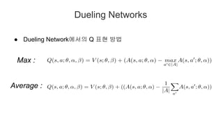 Dueling Networks
Max :
Average :
● Dueling Network에서의 Q 표현 방법
 