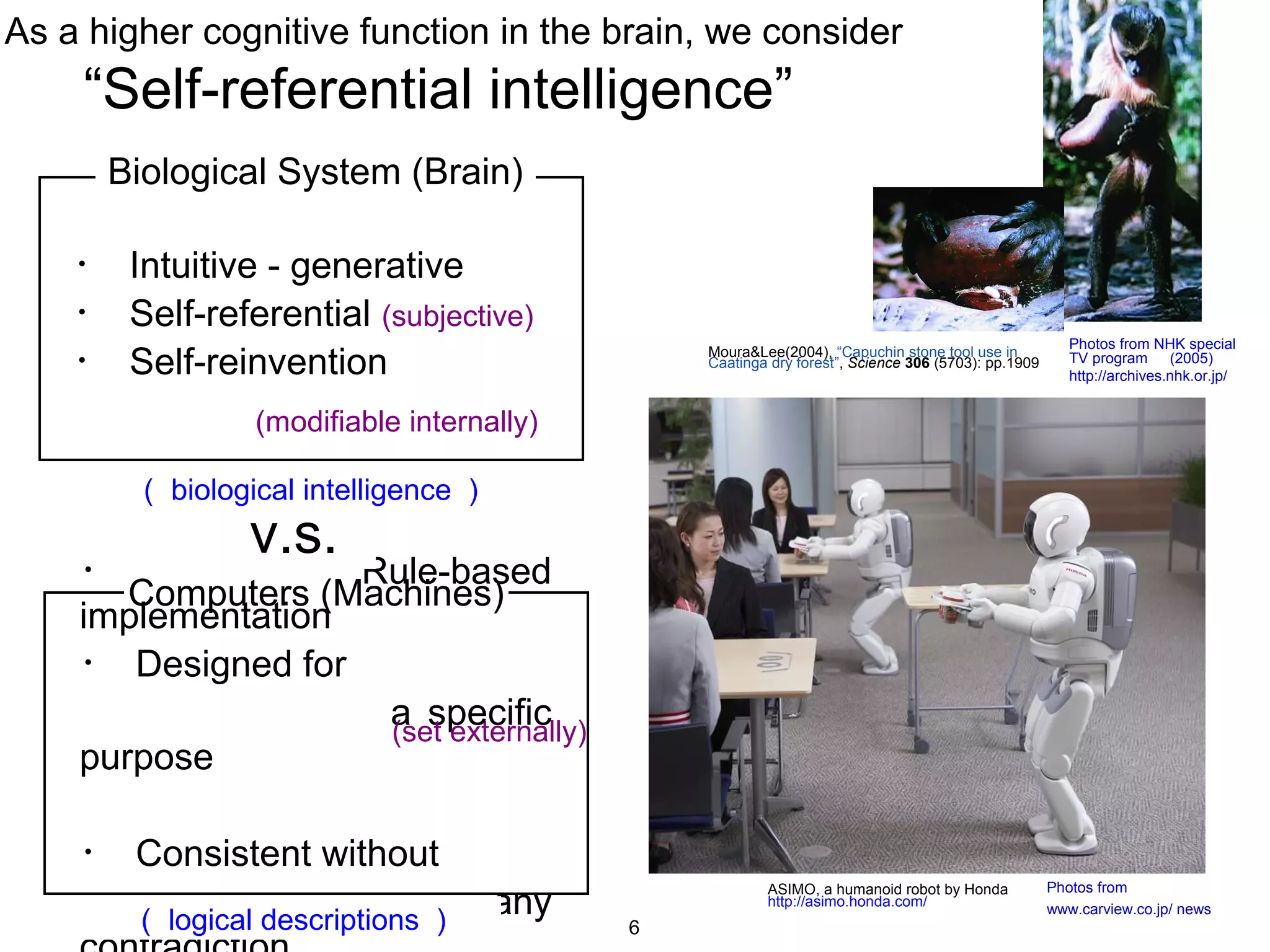 As a higher cognitive function in the brain, we consider
“Self-referential intelligence”
Photos from
www.carview.co.jp/ news
Photos from NHK special
TV program 　 (2005)
http://archives.nhk.or.jp/
Computers (Machines)
・ Rule-based
implementation
・ Designed for
a specific
purpose
・ Consistent without
any（ logical descriptions ）
v.s.
Biological System (Brain)
・ Intuitive - generative
・ Self-referential (subjective)
・ Self-reinvention
（ biological intelligence ）
Moura&Lee(2004), “Capuchin stone tool use in
Caatinga dry forest”, Science 306 (5703): pp.1909
ASIMO, a humanoid robot by Honda
http://asimo.honda.com/
(set externally)
(modifiable internally)
6
 