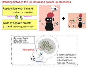 12
Actions
Recognition
To focus a flow of
information with
dynamical changes
Matching between the top-down and bottom-up processes
Skills to operate objects
at hand
+
Recognition what I intend
(top-down, decomposition)
(bottom-up, composition)
matching agreement
a real-time constructive
process of the matching
in the environment:
“biological information”
 