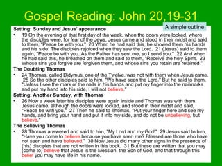 Gospel Reading: John 20,19-31
Setting: Sunday and Jesus’ appearance
• 19 On the evening of that first day of the week, when the doors were locked, where
the disciples were, for fear of the Jews, Jesus came and stood in their midst and said
to them, "Peace be with you." 20 When he had said this, he showed them his hands
and his side. The disciples rejoiced when they saw the Lord. 21 (Jesus) said to them
again, "Peace be with you. As the Father has sent me, so I send you." 22 And when
he had said this, he breathed on them and said to them, "Receive the holy Spirit. 23
Whose sins you forgive are forgiven them, and whose sins you retain are retained."
The Doubting Thomas
• 24 Thomas, called Didymus, one of the Twelve, was not with them when Jesus came.
25 So the other disciples said to him, "We have seen the Lord." But he said to them,
"Unless I see the mark of the nails in his hands and put my finger into the nailmarks
and put my hand into his side, I will not believe."
Setting: Another Sunday, with Thomas
• 26 Now a week later his disciples were again inside and Thomas was with them.
Jesus came, although the doors were locked, and stood in their midst and said,
"Peace be with you." 27 Then he said to Thomas, "Put your finger here and see my
hands, and bring your hand and put it into my side, and do not be unbelieving, but
believe."
The Believing Thomas
• 28 Thomas answered and said to him, "My Lord and my God!" 29 Jesus said to him,
"Have you come to believe because you have seen me? Blessed are those who have
not seen and have believed." 30 Now Jesus did many other signs in the presence of
(his) disciples that are not written in this book. 31 But these are written that you may
(come to) believe that Jesus is the Messiah, the Son of God, and that through this
belief you may have life in his name.
A simple outline
 