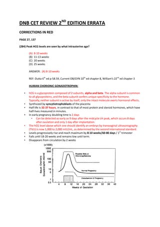 DNB CET REVIEW 2ND EDITION ERRATA
CORRECTIONS IN RED
PAGE 27, 137

(284) Peak HCG levels are seen by what intrauterine age?

       (A)   8-10 weeks
       (B)   11-13 weeks
       (C)   20 weeks
       (D)   25 weeks

       ANSWER: (A) 8-10 weeks

       REF: Dutta 6th ed p-58.59, Current OB/GYN 10th ed chapter 8, William’s 22nd ed chapter 3

       HUMAN CHORIONIC GONADOTROPHIN:

   •   hCG is a glycoprotein composed of 2 subunits, alpha and beta. The alpha subunit is common
       to all glycoproteins, and the beta subunit confers unique specificity to the hormone.
       Typically, neither subunit is active by itself; only the intact molecule exerts hormonal effects.
   •   Synthsized by syncytiotrophoblasts of the placenta
   •   Half life is 32-37 hours, in contrast to that of most protein and steroid hormones, which have
       half-lives measured in minutes.
   •   In early pregnancy doubling time is 2 days
         • Can be detected as early as 9 days after the midcycle LH peak, which occurs 8 days
              after ovulation and only 1 day after implantation.
   •   The hCG level above which one should identify an embryo by transvaginal ultrasonography
       (TVU) is now 1,000 to 2,000 mIU/mL, as determined by the second international standard.
   •   Levels progressively rise and reach maximum by 8-10 weeks/60-80 days / 1st trimester
   •   Falls until 18-20 weeks and remains low until term.
   •   Disappears from circulation by 2 weeks
 
