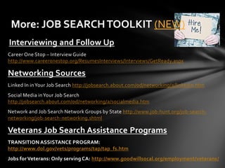 More: JOB SEARCH TOOLKIT (NEW)
Interviewing and Follow Up
Career One Stop – Interview Guide
http://www.careeronestop.org/ResumesInterviews/Interviews/GetReady.aspx

Networking Sources
Linked In in Your Job Search http://jobsearch.about.com/od/networking/a/linkedin.htm
Social Media in Your Job Search
http://jobsearch.about.com/od/networking/a/socialmedia.htm
Network and Job Search Network Groups by State http://www.job-hunt.org/job-search-
networking/job-search-networking.shtml

Veterans Job Search Assistance Programs
TRANSITION ASSISTANCE PROGRAM:
http://www.dol.gov/vets/programs/tap/tap_fs.htm
Jobs for Veterans: Only serving CA: http://www.goodwillsocal.org/employment/veterans/
 
