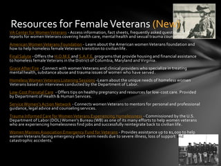 Resources for Female Veterans (New)
VA Center for Women Veterans - Access information, fact sheets, frequently asked questions, and
reports for women Veterans covering health care, mental health and sexual trauma counseling.
American Women Veterans Foundation - Learn about the American women Veterans foundation and
how to help homeless female Veterans transition to civilian life.
Final Salute - Offers the H.O.M.E and S.A.F.E. programs that provide housing and financial assistance
to homeless female Veterans in the District of Columbia, Maryland and Virginia.
Grace After Fire - Connect with women Veterans and clinical providers who specialize in treating
mental health, substance abuse and trauma issues of women who have served .
Homeless Women Veterans Listening Sessions -Learn about the unique needs of homeless women
Veterans based on interviews conducted by the Department of Labor.
Low-Cost Prenatal Care - Offers tips on healthy pregnancy and resources for low-cost care. Provided
by Department of Health & Human Services.
Service Women's Action Network - Connects women Veterans to mentors for personal and professional
guidance, legal advice and counseling services.
Trauma Informed Care for Women Veterans Experiencing Homelessness - Commissioned by the U.S.
Department of Labor (DOL) Women's Bureau (WB) as one of its many efforts to help women veterans
who are experiencing homelessness find jobs and successfully reintegrate back to civilian life .
Women Marines Association Emergency Fund for Veterans - Provides assistance up to $1,000 to help
women Veterans facing emergency short-term needs due to severe illness, loss of support and
catastrophic accidents.
 