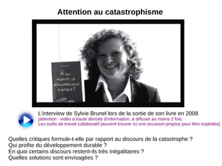 La persistance du scénario catastrophe Soleil Vert , filme de Richard Fleisher, 1973 Et de deux ! Chaque seconde, la Terre reçoit quatre nouveau-nés tandis que deux habitants décèdent. Bilan : deux personnes supplémentaires. Le temps que vous relisiez cette phrase, la terre compte déjà six habitants de plus. [...] Dans les quarante années à venir, la Terre devra abriter, nourrir, donner du travail, de l’air, de l’eau, de la place à 3 milliards de nouveaux habitants. [...] Ceux qui doubleront ou tripleront domineront demain numériquement le monde, seront les 5,2 milliards d’habitants qui subsistent dans les pays en voie de développement. Ils augmentent à vive allure, six fois plus vite que le milliard de Terriens qui mangent et prospèrent dans les pays industriels. L’explosion numérique du continent noir a démarré.  En 2009, l’Afrique a franchi le cap du milliard de ressortissants. [et elle] aura doublé en 2050 ; 2 milliards d’habitants la peupleront alors. [...] La démographie chahute le confort paisible des pays riches. « En 1950, le Sud pesait en nombre d’habitants deux fois plus que le Nord. En 2050, le Sud sera 86 % de plus que le Nord », assène Koichira Matsuura, directeur général de l’Unesco. [...] La bombe démographique n’offre pas seulement d’impossibles équations à résoudre en termes de nourriture, d’eau, de déchets, elle diffuse également les germes ravageurs du terrorisme ou de l’émigration massive. Que feront demain ces millions de jeunes affamés, contemplant l’Occident vieillissant s’empiffrer et prêcher les bonnes manières ?  A l’échelle de l’histoire humaine, la période est vertigineuse, éminemment explosive. La planète déborde. Peut-elle tenir ? Pourrait-elle craquer ?  Emilie Lamez,  Le point , 18 février 2010 1. Quelle image globale ce texte donne-t-il ? 2. Souligner dans le texte tout le vocabulaire et toutes les expressions qui viennent appuyer la démonstration. 3. Quelle est la conséquence sur le lecteur ? Bande-annonce (lien Youtube) 