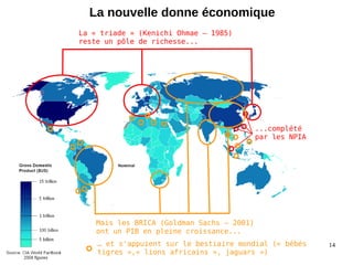 14
La nouvelle donne économique
La « triade » (Kenichi Ohmae – 1985)
reste un pôle de richesse...
Mais les BRICA (Goldman Sachs – 2001)
ont un PIB en pleine croissance...
… et s'appuient sur le bestiaire mondial (« bébés
tigres »,« lions africains », jaguars »)
...complété
par les NPIA
 