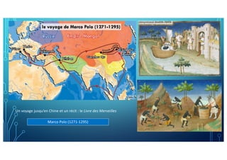 Un voyage jusqu’en Chine et un récit : le Livre des Merveilles
Marco Polo (1271-1295)
 