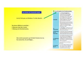Les limites de l’autorité royale
Des contre-pouvoirs qui limitent l’action du roi,
les coutumes, les privilèges…
Territoire diﬃcile à contrôler :
• Mauvais état des routes.
• Manque de foncbonnaires.
Le roi n’est pas un dictateur. Il a des devoirs.
 