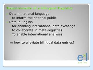 Requirements of a bilingual Registry<br />Data in national language <br />to inform the national public<br />Data in Engli...