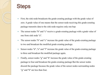 Steps
 First, the sink node broadcasts the grade-creating package with the grade value of
zero. A grade value of one means that the sensor node receiving this grade-creating
package transmits data to the sink node requires only one hop
 The sensor nodes "b" and "c" receive a grade-creating package with a grade value of
one from sink node "a".
 The sensor nodes "b" and "c" increase the grade value of the grade-creating package
to two and broadcast the modified grade-creating package.
 Sensor nodes "d" ,"e" and "f" increase the grade value of the grade-creating package
to three and broadcast the modified package again.
 Finally, sensor nodes "g" and "h" increase the grade value of the grade-creating
package to four and broadcast the grade-creating package But the sensor nodes
discard the package because the grade value of the sensor nodes surrounding nodes
"g" and "h" are less than four.
 
