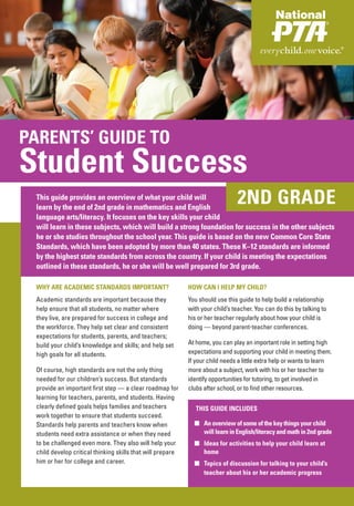 PARENTS’ GUIDE TO
Student Success
 This guide provides an overview of what your child will
 learn by the end of 2nd grade in mathematics and English
                                                                                2ND GRADE
 language arts/literacy. It focuses on the key skills your child
 will learn in these subjects, which will build a strong foundation for success in the other subjects
 he or she studies throughout the school year. This guide is based on the new Common Core State
 Standards, which have been adopted by more than 40 states. These K–12 standards are informed
 by the highest state standards from across the country. If your child is meeting the expectations
 outlined in these standards, he or she will be well prepared for 3rd grade.

 WHY ARE ACADEMIC STANDARDS IMPORTANT?                      HOW CAN I HELP MY CHILD?
 Academic standards are important because they              You should use this guide to help build a relationship
 help ensure that all students, no matter where             with your child’s teacher. You can do this by talking to
 they live, are prepared for success in college and         his or her teacher regularly about how your child is
 the workforce. They help set clear and consistent          doing — beyond parent-teacher conferences.
 expectations for students, parents, and teachers;
 build your child’s knowledge and skills; and help set      At home, you can play an important role in setting high
 high goals for all students.                               expectations and supporting your child in meeting them.
                                                            If your child needs a little extra help or wants to learn
 Of course, high standards are not the only thing           more about a subject, work with his or her teacher to
 needed for our children’s success. But standards           identify opportunities for tutoring, to get involved in
 provide an important first step — a clear roadmap for      clubs after school, or to find other resources.
 learning for teachers, parents, and students. Having
 clearly defined goals helps families and teachers             THIS GUIDE INCLUDES
 work together to ensure that students succeed.
 Standards help parents and teachers know when                ■ An overview of some of the key things your child
 students need extra assistance or when they need               will learn in English/literacy and math in 2nd grade
 to be challenged even more. They also will help your         ■ Ideas for activities to help your child learn at
 child develop critical thinking skills that will prepare       home
 him or her for college and career.                           ■ Topics of discussion for talking to your child’s
                                                                teacher about his or her academic progress
 