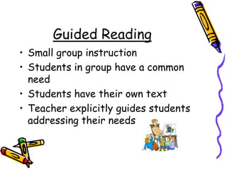 Guided ReadingSmall group instruction Students in group have a common needStudents have their own textTeacher explicitly guides students addressing their needs
